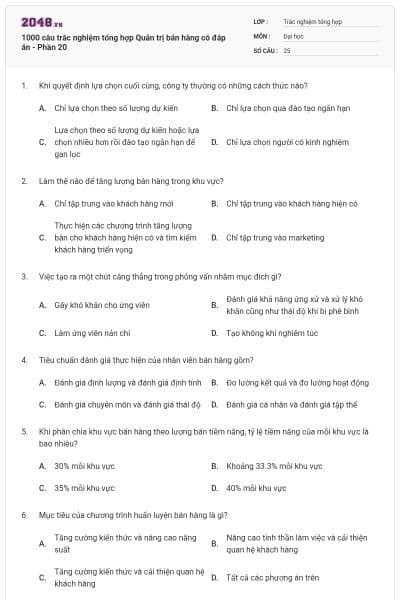 1000 câu trắc nghiệm tổng hợp Quản trị bán hàng có đáp án - Phần 20