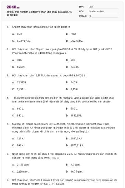 10 câu trắc nghiệm Bài tập về phản ứng cháy của ALKANE có lời giải