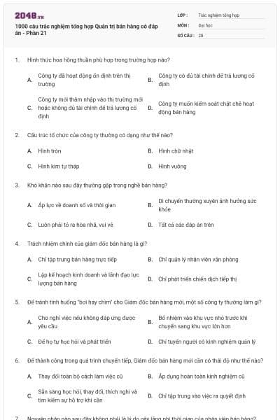 1000 câu trắc nghiệm tổng hợp Quản trị bán hàng có đáp án - Phần 21