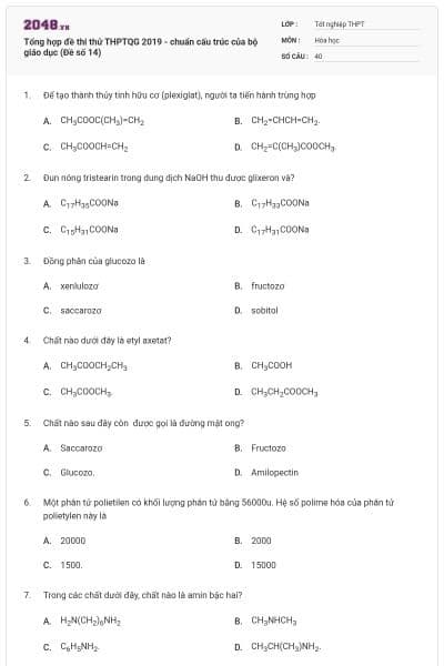 Tổng hợp đề thi thử THPTQG 2019 - chuẩn cấu trúc của bộ giáo dục (Đề số 14)