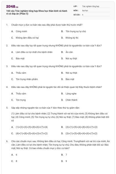 160 câu Trắc nghiệm tổng hợp Khoa học thần kinh và hành vi có đáp án (Phần 5)