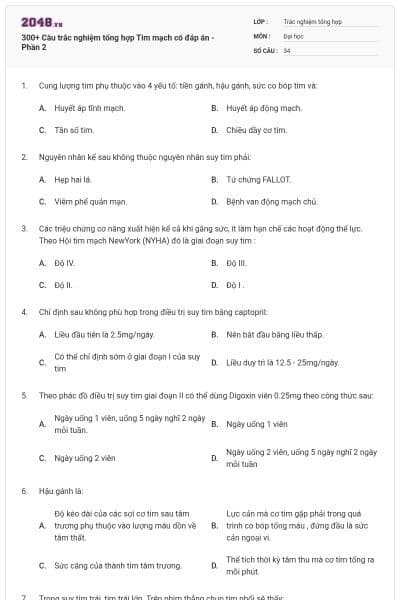 300+ Câu trắc nghiệm tổng hợp Tim mạch có đáp án - Phần 2