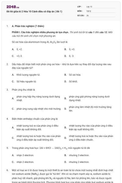 Đề thi giữa kì 2 Hóa 10 Cánh diều có đáp án ( Đề 1)