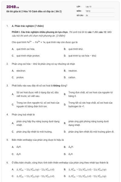 Đề thi giữa kì 2 Hóa 10 Cánh diều có đáp án ( Đề 2)