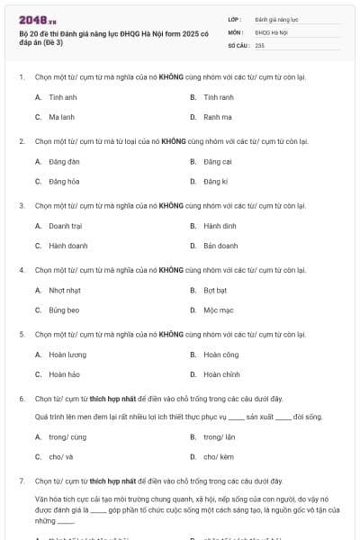 Bộ 20 đề thi Đánh giá năng lực ĐHQG Hà Nội form 2025 có đáp án (Đề 3)