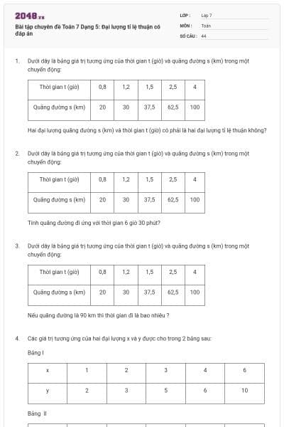 Bài tập chuyên đề Toán 7 Dạng 5: Đại lượng tỉ lệ thuận có đáp án