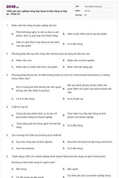 1000 câu trắc nghiệm tổng hợp Quản trị bán hàng có đáp án - Phần 29