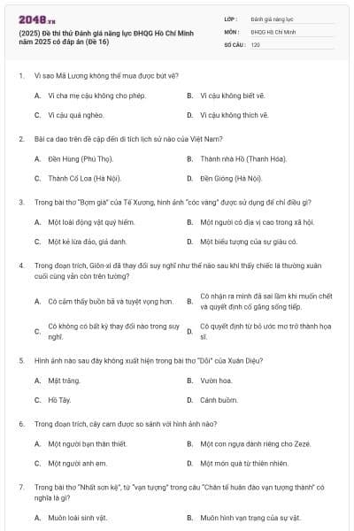 (2025) Đề thi thử Đánh giá năng lực ĐHQG Hồ Chí Minh năm 2025 có đáp án (Đề 16)