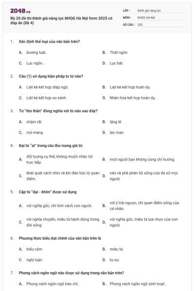 Bộ 20 đề thi Đánh giá năng lực ĐHQG Hà Nội form 2025 có đáp án (Đề 4)