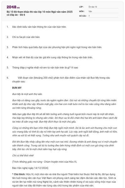 Bộ 15 Đề tham khảo thi vào lớp 10 môn Ngữ văn năm 2025 có đáp án - Đề 6