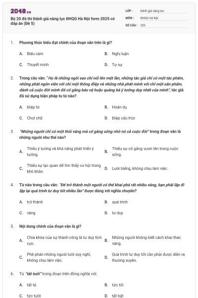 Bộ 20 đề thi Đánh giá năng lực ĐHQG Hà Nội form 2025 có đáp án (Đề 5)
