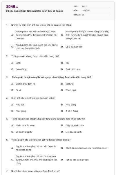 20 câu trắc nghiệm Tiếng chổi tre Cánh diều có đáp án