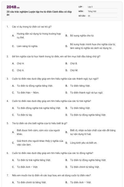 20 câu trắc nghiệm Luyện tập tra từ điển Cánh diều có đáp án