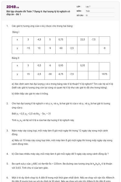 Bài tập chuyên đề Toán 7 Dạng 6: Đại lượng tỷ lệ nghịch có đáp án - Đề 1