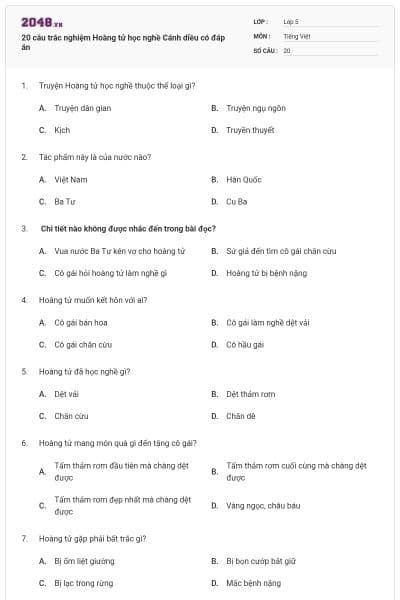 20 câu trắc nghiệm Hoàng tử học nghề Cánh diều có đáp án