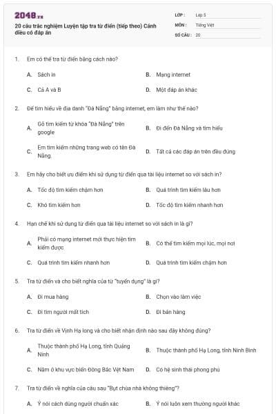 20 câu trắc nghiệm Luyện tập tra từ điển (tiếp theo) Cánh diều có đáp án
