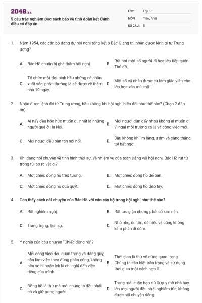 5 câu trắc nghiệm Đọc sách báo về tình đoàn kết Cánh diều có đáp án