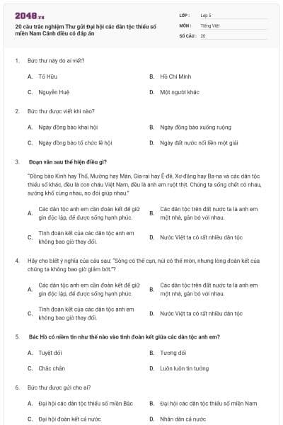 20 câu trắc nghiệm Thư gửi Đại hội các dân tộc thiểu số miền Nam Cánh diều có đáp án
