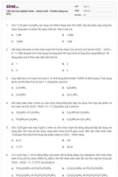 100 câu trắc nghiệm Amin - Amino Axit - Protein nâng cao (P2)