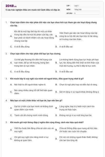 5 câu trắc nghiệm Điều em muốn nói Cánh diều có đáp án