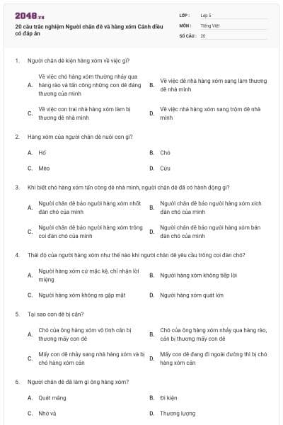 20 câu trắc nghiệm Người chăn đê và hàng xóm Cánh diều có đáp án