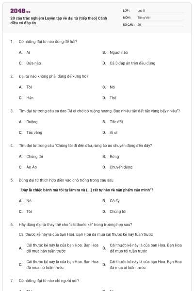 20 câu trắc nghiệm Luyện tập về đại từ (tiếp theo) Cánh diều có đáp án