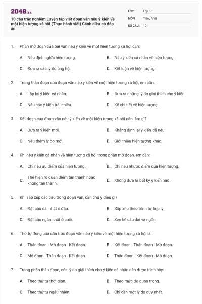 10 câu trắc nghiệm Luyện tập viết đoạn văn nêu ý kiến về một hiện tượng xã hội (Thực hành viết) Cánh diều có đáp án