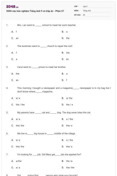 5000 câu trắc nghiệm Tiếng Anh 9 có đáp án - Phần 57