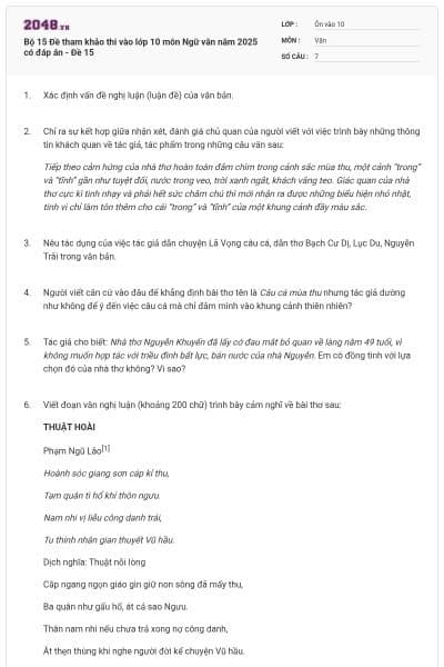 Bộ 15 Đề tham khảo thi vào lớp 10 môn Ngữ văn năm 2025 có đáp án - Đề 15