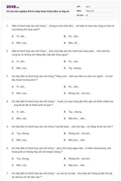 20 câu trắc nghiệm Kết từ (tiếp theo) Cánh diều có đáp án