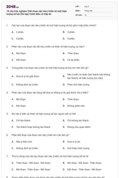 10 câu trắc nghiệm Viết đoạn văn nêu ý kiến về một hiện tượng xã hội (Ôn tập) Cánh diều có đáp án