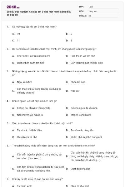 20 câu trắc nghiệm Khi các em ở nhà một mình Cánh diều có đáp án