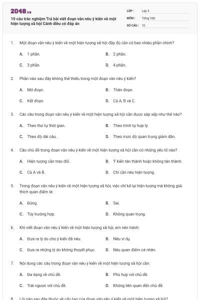 10 câu trắc nghiệm Trả bài viết đoạn văn nêu ý kiến về một hiện tượng xã hội Cánh diều có đáp án