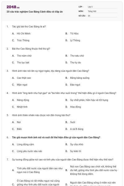 20 câu trắc nghiệm Cao Bằng Cánh diều có đáp án