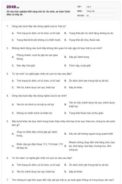 20 câu trắc nghiệm Mở rộng vốn từ: An ninh, an toàn Cánh diều có đáp án