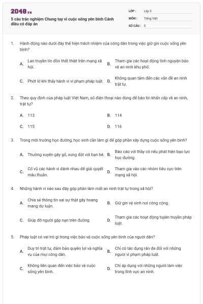 5 câu trắc nghiệm Chung tay vì cuộc sống yên bình Cánh diều có đáp án