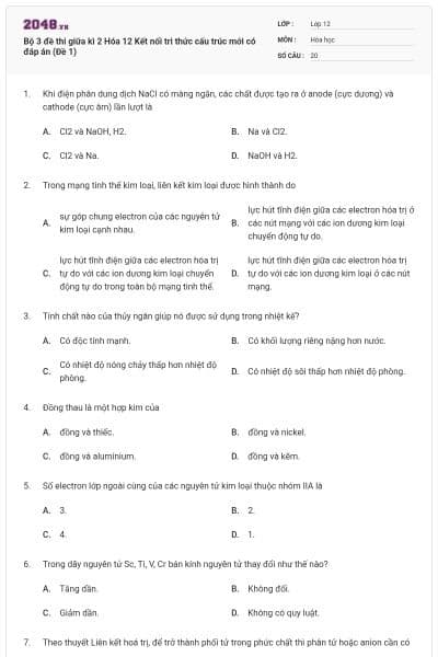 Bộ 3 đề thi giữa kì 2 Hóa 12 Kết nối tri thức cấu trúc mới có đáp án (Đề 1)