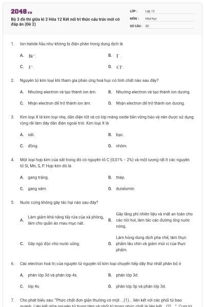 Bộ 3 đề thi giữa kì 2 Hóa 12 Kết nối tri thức cấu trúc mới có đáp án (Đề 2)