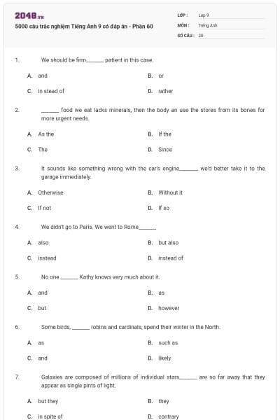 5000 câu trắc nghiệm Tiếng Anh 9 có đáp án - Phần 60