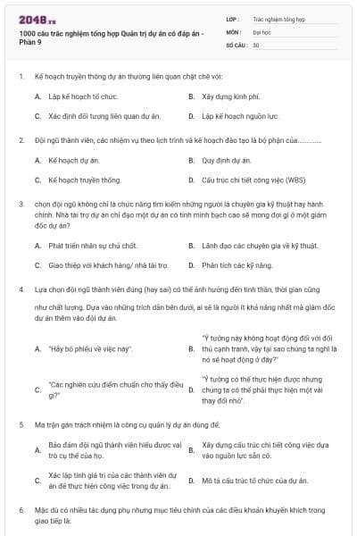 1000 câu trắc nghiệm tổng hợp Quản trị dự án có đáp án - Phần 9