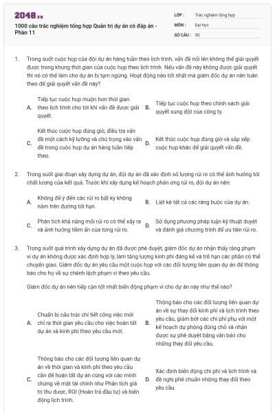 1000 câu trắc nghiệm tổng hợp Quản trị dự án có đáp án - Phần 11
