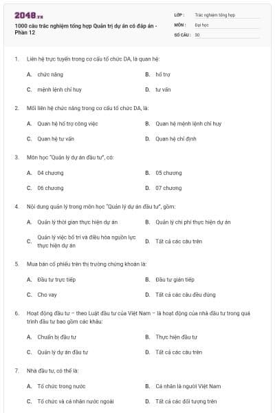 1000 câu trắc nghiệm tổng hợp Quản trị dự án có đáp án - Phần 12