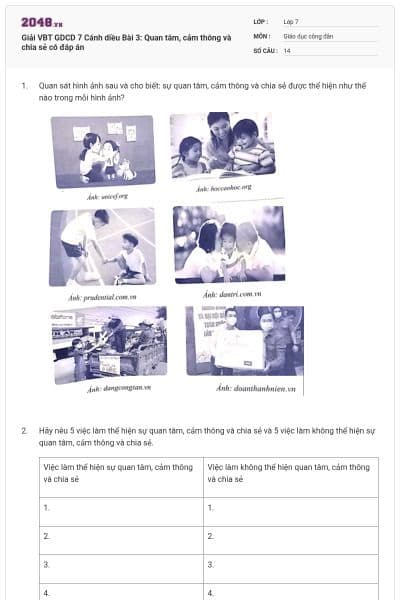 Giải VBT GDCD 7 Cánh diều Bài 3: Quan tâm, cảm thông và chia sẻ có đáp án