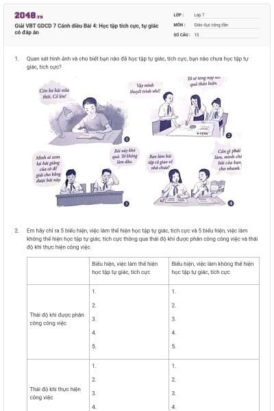 Giải VBT GDCD 7 Cánh diều Bài 4: Học tập tích cực, tự giác có đáp án