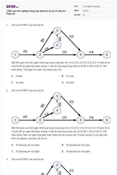 1000 câu trắc nghiệm tổng hợp Quản trị dự án có đáp án - Phần 26