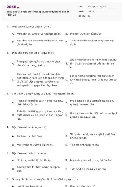 1000 câu trắc nghiệm tổng hợp Quản trị dự án có đáp án - Phần 29