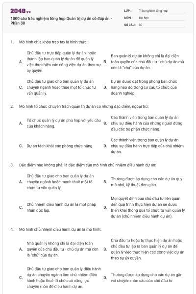1000 câu trắc nghiệm tổng hợp Quản trị dự án có đáp án - Phần 30