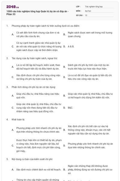 1000 câu trắc nghiệm tổng hợp Quản trị dự án có đáp án - Phần 33