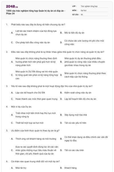 1000 câu trắc nghiệm tổng hợp Quản trị dự án có đáp án - Phần 34