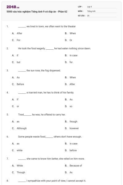 5000 câu trắc nghiệm Tiếng Anh 9 có đáp án - Phần 62